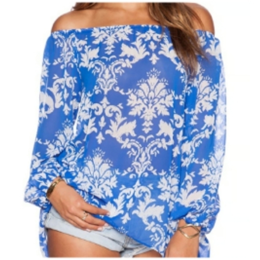 SHOW ME YOUR MUMU Wallace Tunic Blue White Fleur De Lis Scroll Pattern Sz Small